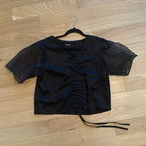 Black top, sheer sleeve, mid- scrunch shirt